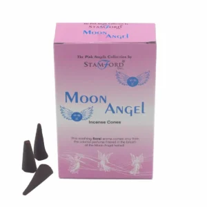 Förpackning med Stamford Moon Angel rökelsekoner och tre svarta koner bredvid