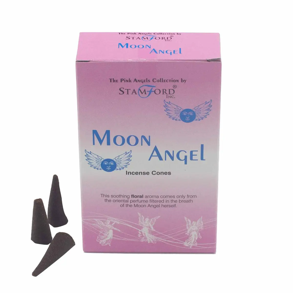 Förpackning med Stamford Moon Angel rökelsekoner och tre svarta koner bredvid