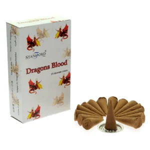 Förpackning med Stamford Premium rökelsekoner Dragons Blood och koner med metallhållare