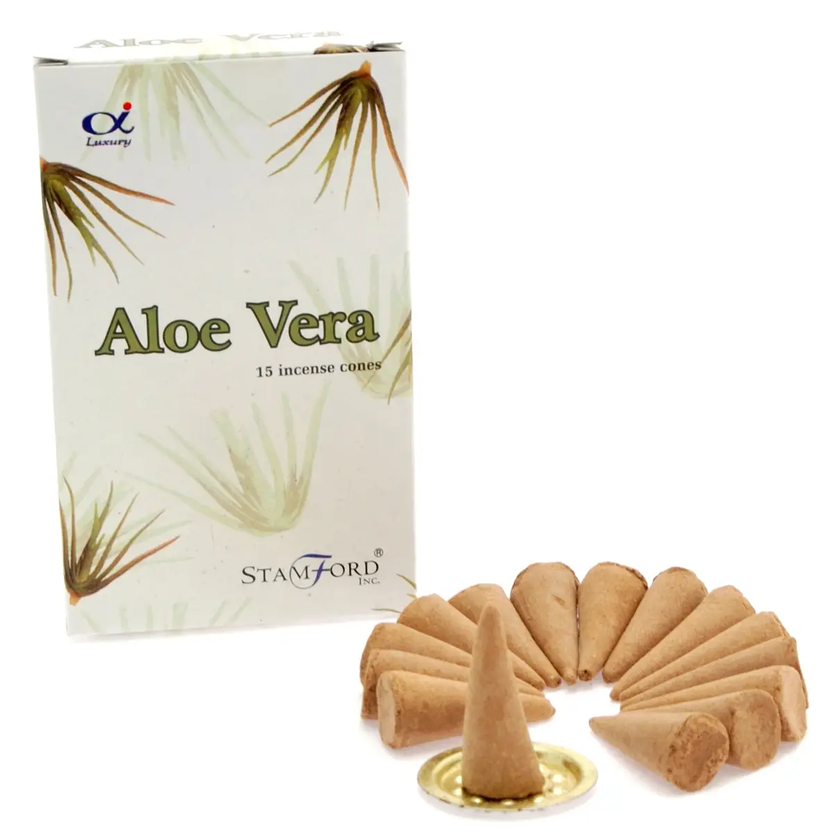 Förpackning med Stamford Premium aloe vera rökelsekoner och koner arrangerade med metallhållare