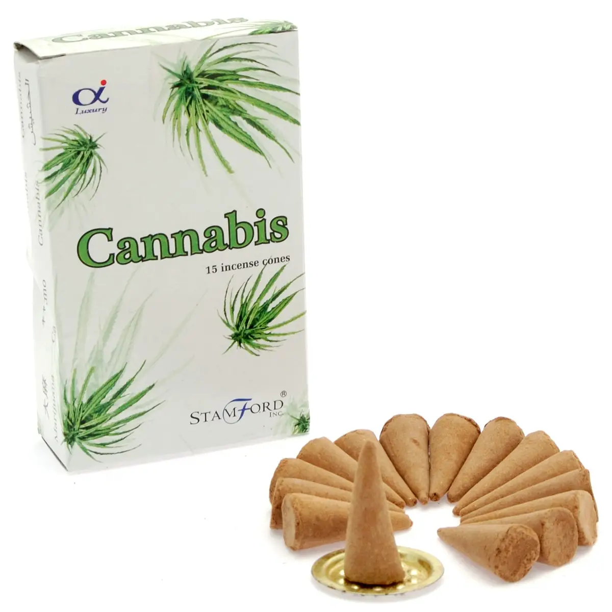 Förpackning med Stamford Premium rökelsekoner med cannabisdoft och koner arrangerade runt en metallhållare