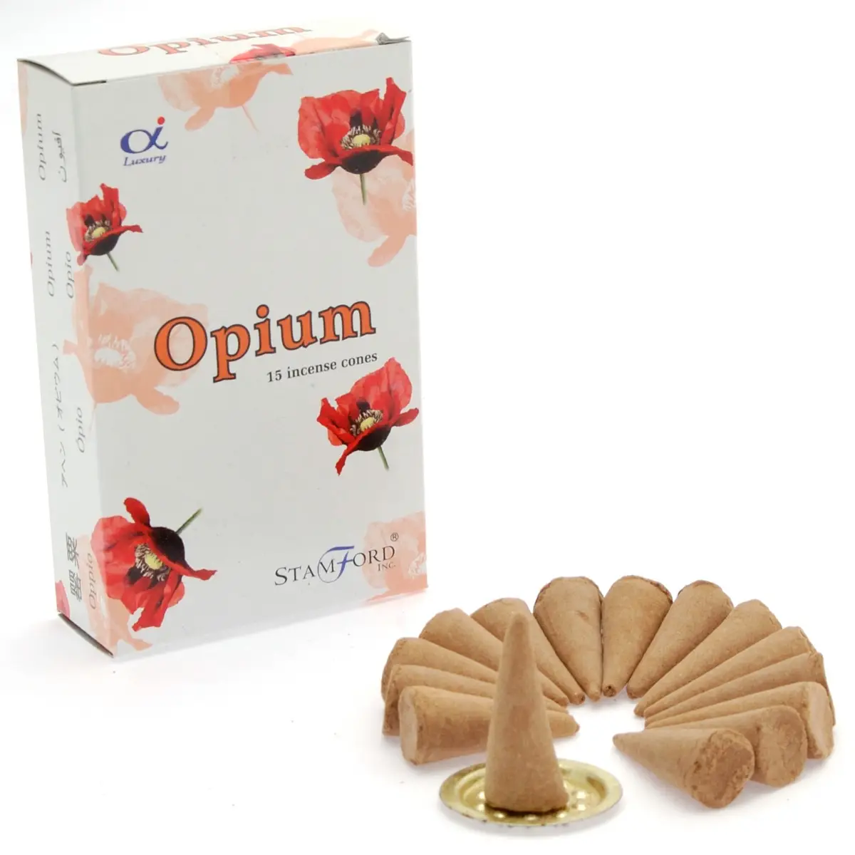 Förpackning med Stamford Premium rökelsekoner Opium och koner arrangerade med metallhållare