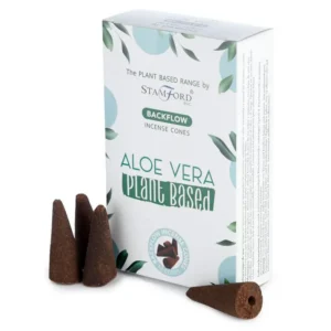 Förpackning med Stamford Premium växtbaserade backflow rökelsekoner Aloe Vera och fyra koner