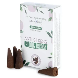 Förpackning med Stamford Premium växtbaserade backflow rökelsekoner Anti Stress och fyra koner