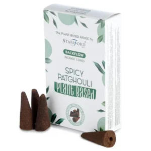 Förpackning med Stamford Premium växtbaserade backflow rökelsekoner Spicy Patchouli och fyra rökelsekoner