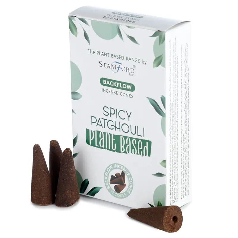 Förpackning med Stamford Premium växtbaserade backflow rökelsekoner Spicy Patchouli och fyra rökelsekoner