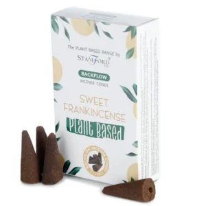 Förpackning med Stamford Premium växtbaserade backflow rökelsekoner Sweet Frankincense och fyra rökelsekoner