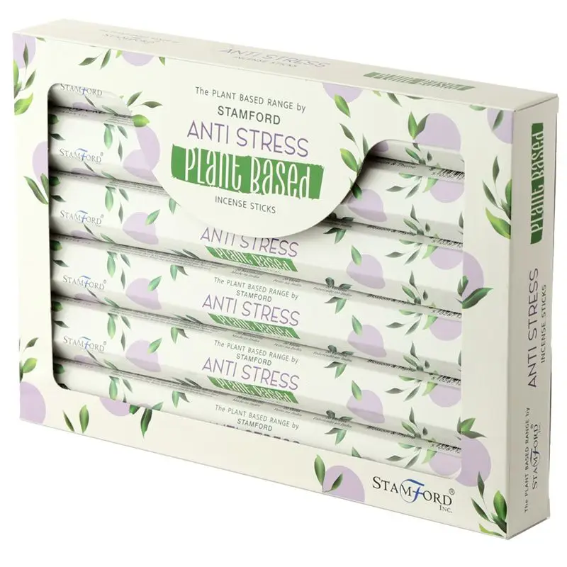 Förpackning med Stamford växtbaserade rökelsepinnar Anti Stress med dekorativa blad och lila mönster