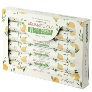 Förpackning med Stamford växtbaserade rökelsepinnar Aromatic Oud med dekorativa gula och gröna blad