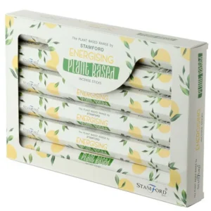 Förpackning med Stamford växtbaserade rökelsepinnar Energising med dekorativa gula och gröna blad