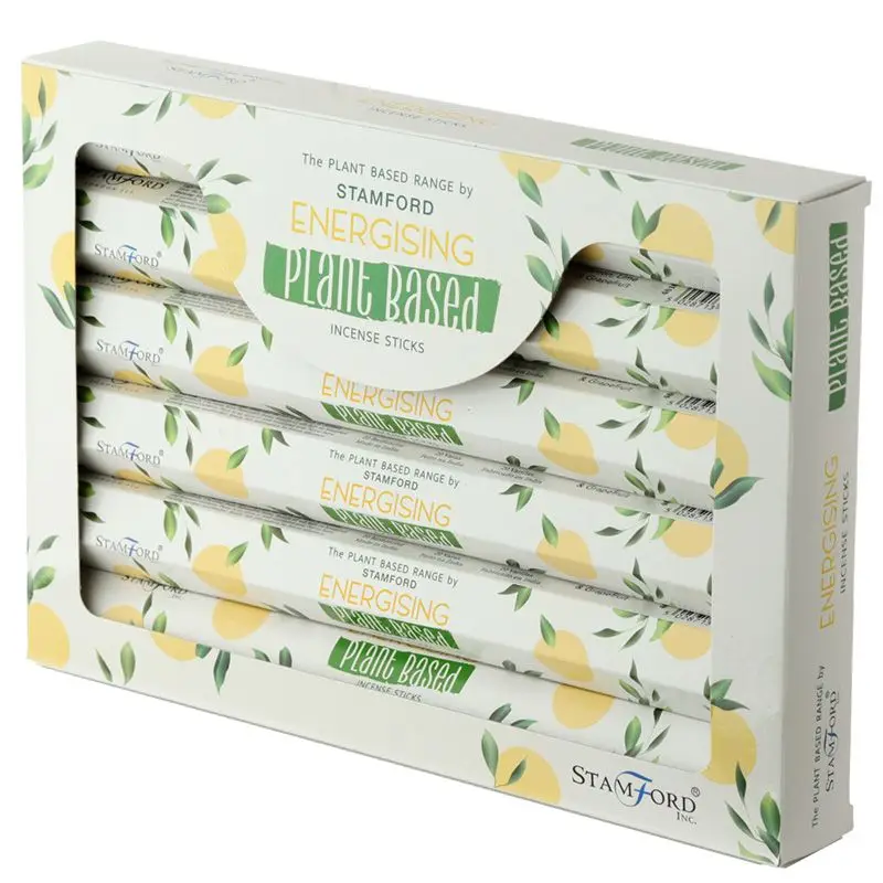 Förpackning med Stamford växtbaserade rökelsepinnar Energising med dekorativa gula och gröna blad