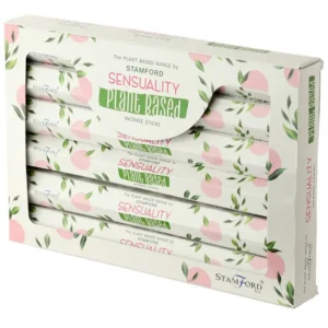 Förpackning med Stamford växtbaserade rökelsepinnar Sensuality med bladmönster och rosa detaljer