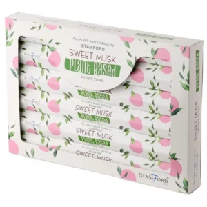 Förpackning med Stamford växtbaserade rökelsepinnar Sweet Musk med rosa och gröna bladmönster