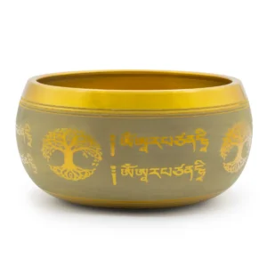 Stor aluminiumklangskål med kopparfärgad yta och motiv av Livets träd och tibetanska symboler