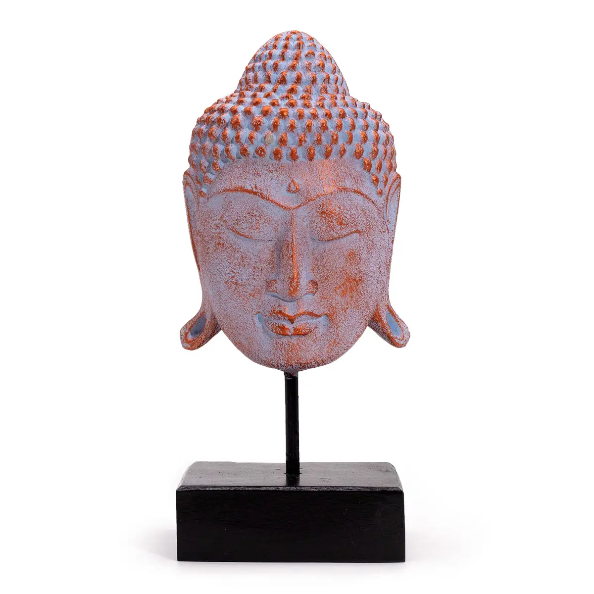 Stort Buddha-huvud i blå kopparfärg på svart stativ