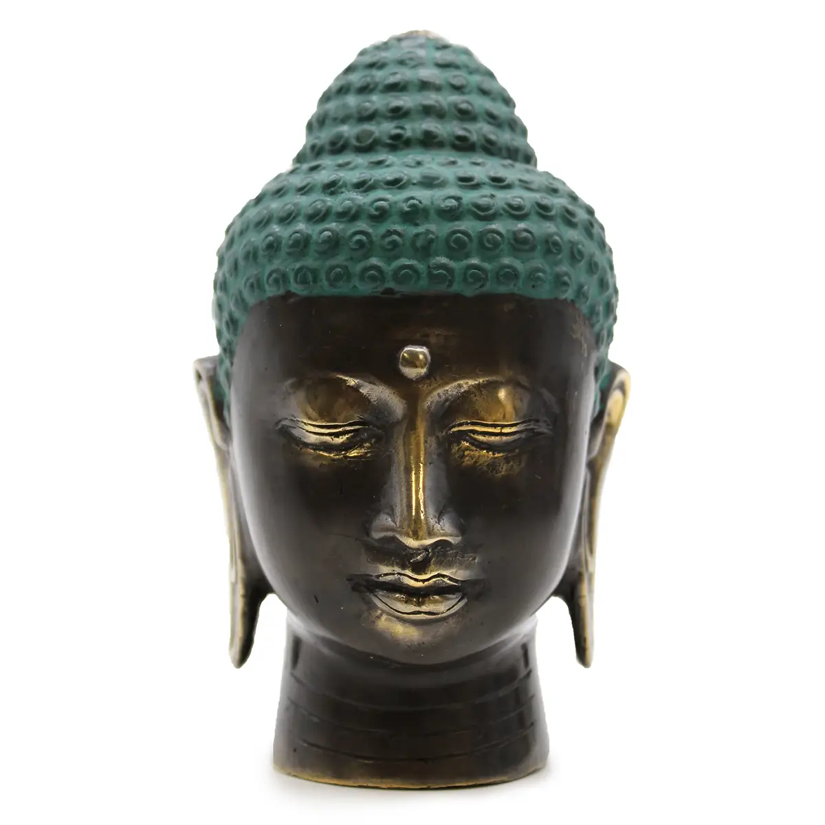 Stort Buddhahuvud i antik mässing med grön patina på huvudet