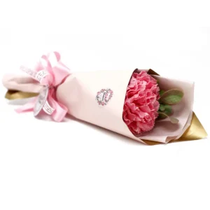 Stor bukett med rosa tvålblommor i nejlikmodell insvept i presentpapper med rosett