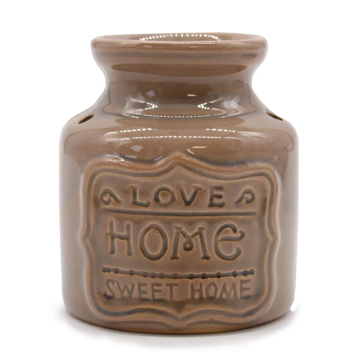 Gråbrun keramisk doftoljevärmare med texten Love Home Sweet Home