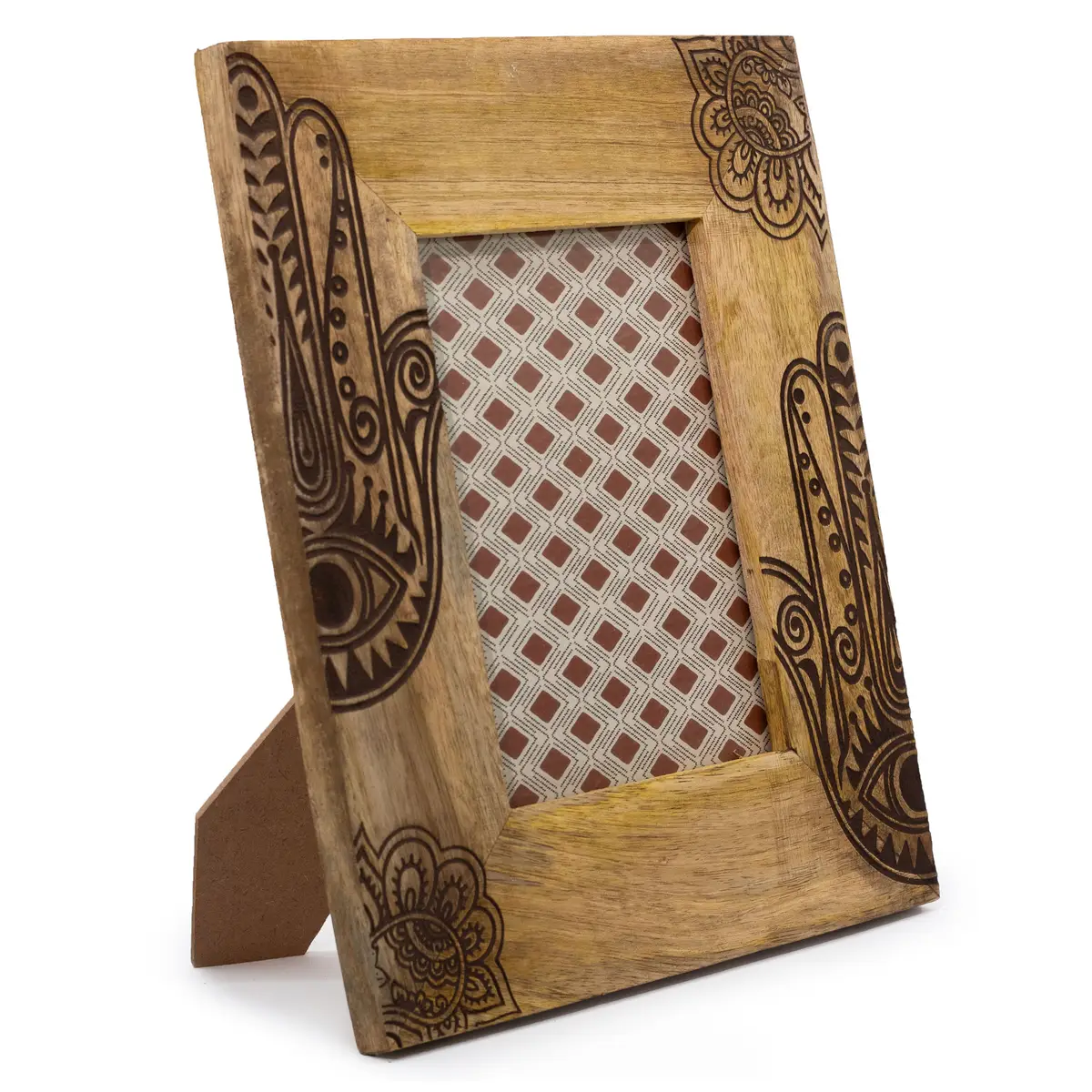 Stor fotoram i mangoträ med svart Hamsa-motiv och plats för foto 13x18 cm