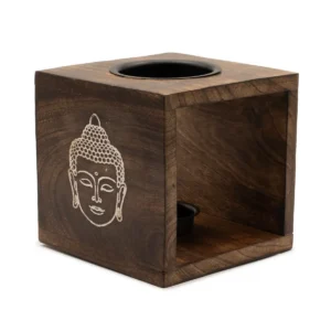 Stor fyrkantig oljebrännare i mörkt mangoträ med handkarvat Buddha-motiv och metallskål