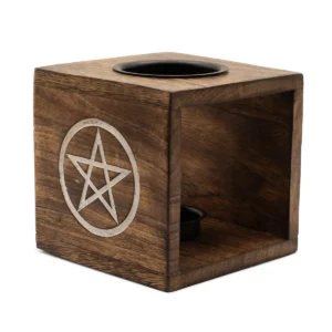 Stor fyrkantig oljebrännare i mangoträ med pentagram och svart metallskål