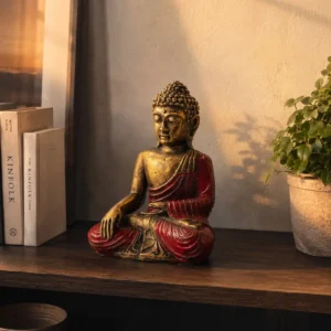 Stor handmålad Buddha-staty i resin röd och guld - produktbild 4