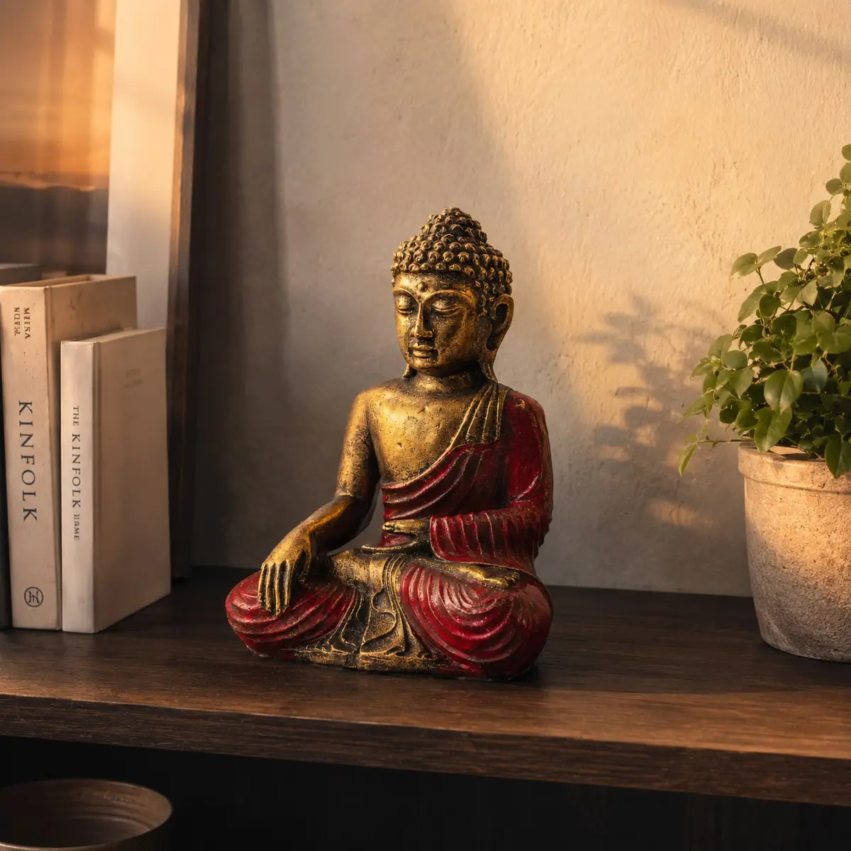 Stor handmålad Buddha-staty i resin röd och guld - produktbild 4