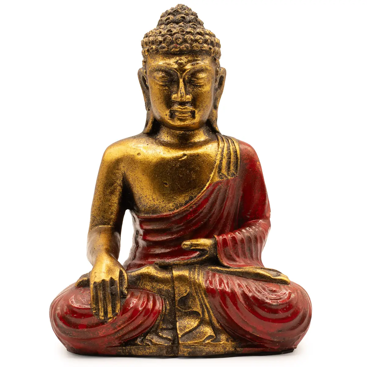 Handmålad Buddha-staty i resin med röd och guldfärgad finish sittande i meditationsställning