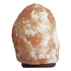 Stor naturlig saltlampa av Himalayasalt med ojämn yta och träfot