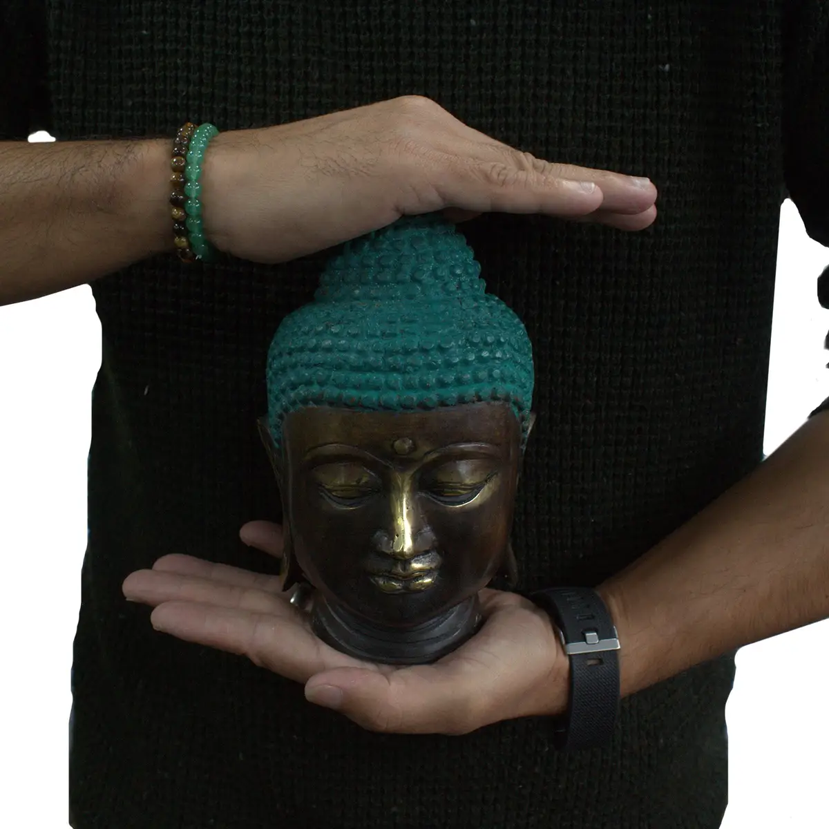 Stor klassisk buddhahuvud i mässing - produktbild 3