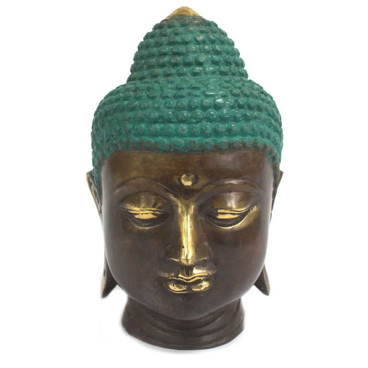 Stort buddhahuvud i mässing med grön patina på huvudet