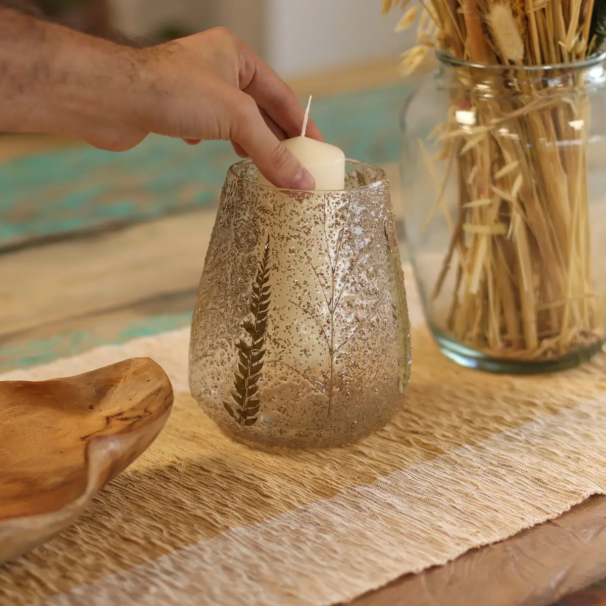 Stor ljushållare i glas med naturligt bladmönster - produktbild 5
