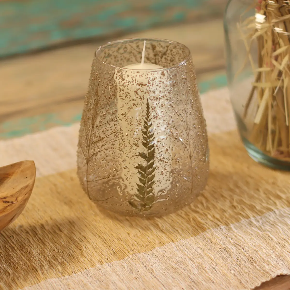 Stor ljushållare i glas med naturligt bladmönster - produktbild 8