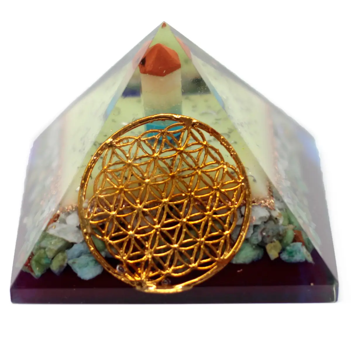 Stor orgonitpyramid med kopparsymbolen livets blomma och ädelstensflisor
