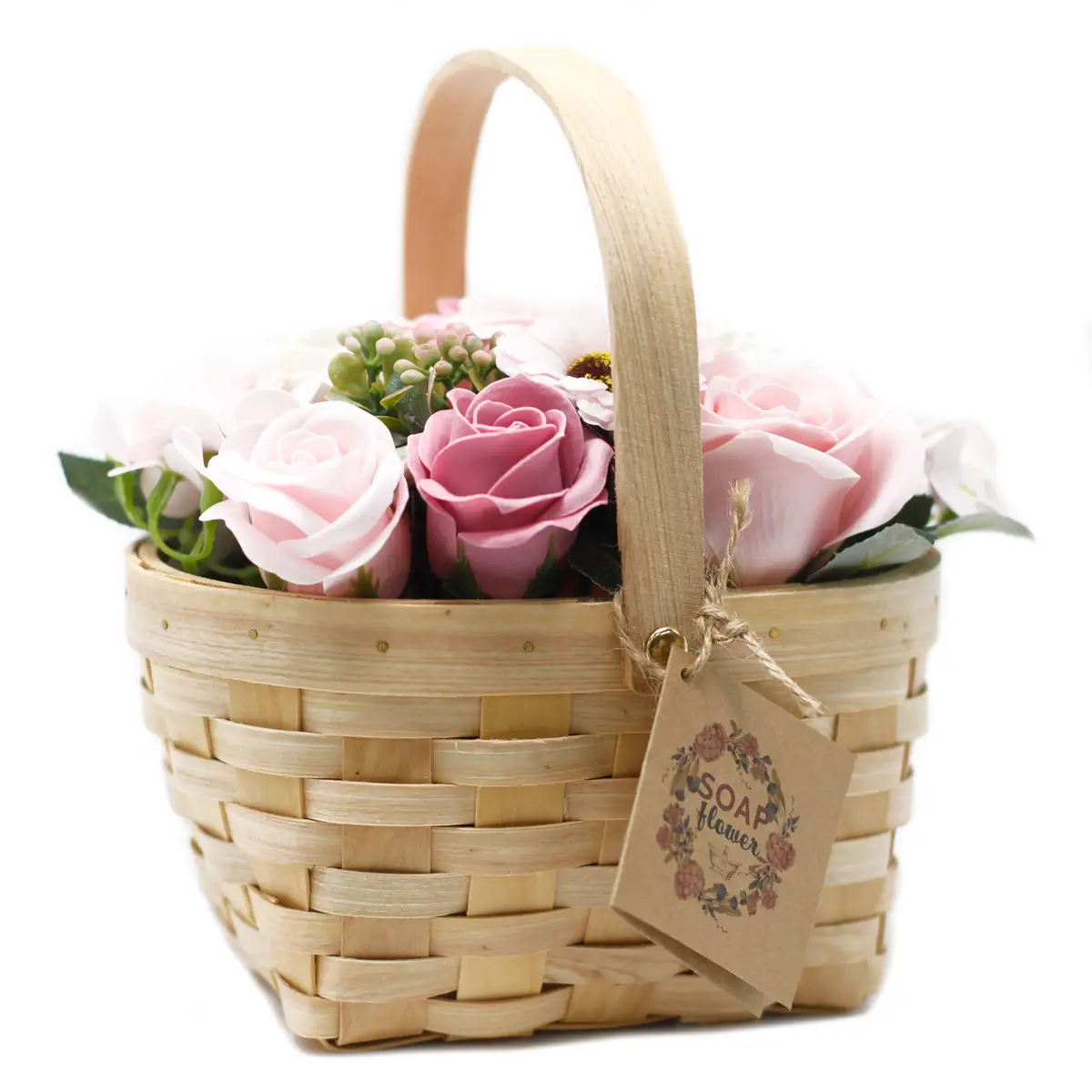 Stor rosa tvålbukett i flätad träkorg med dekorativa tvålblommor