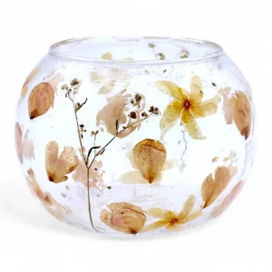 Stor rund ljushållare i återvunnet glas med pressade blommor, rosa - produktbild 8