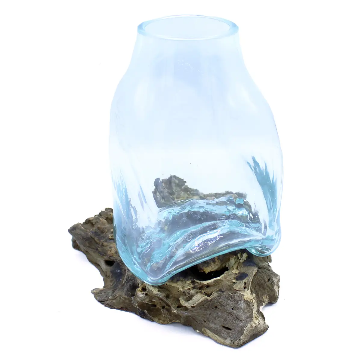 Stor smält glasvas med terrarium på träfot - produktbild 2