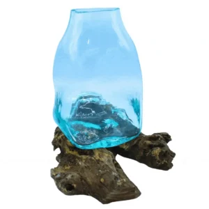 Stor smält glasvas med terrarium på träfot - produktbild 3