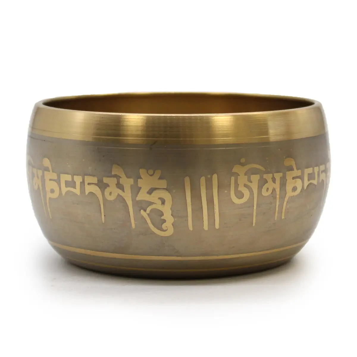 Stor tibetansk klangskål med inskriptioner och Buddha-motiv