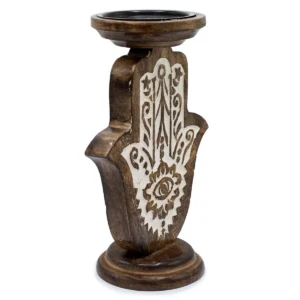 Stor träljusstake i mangoträ med Hamsa-motiv 25x18 cm - produktbild 3