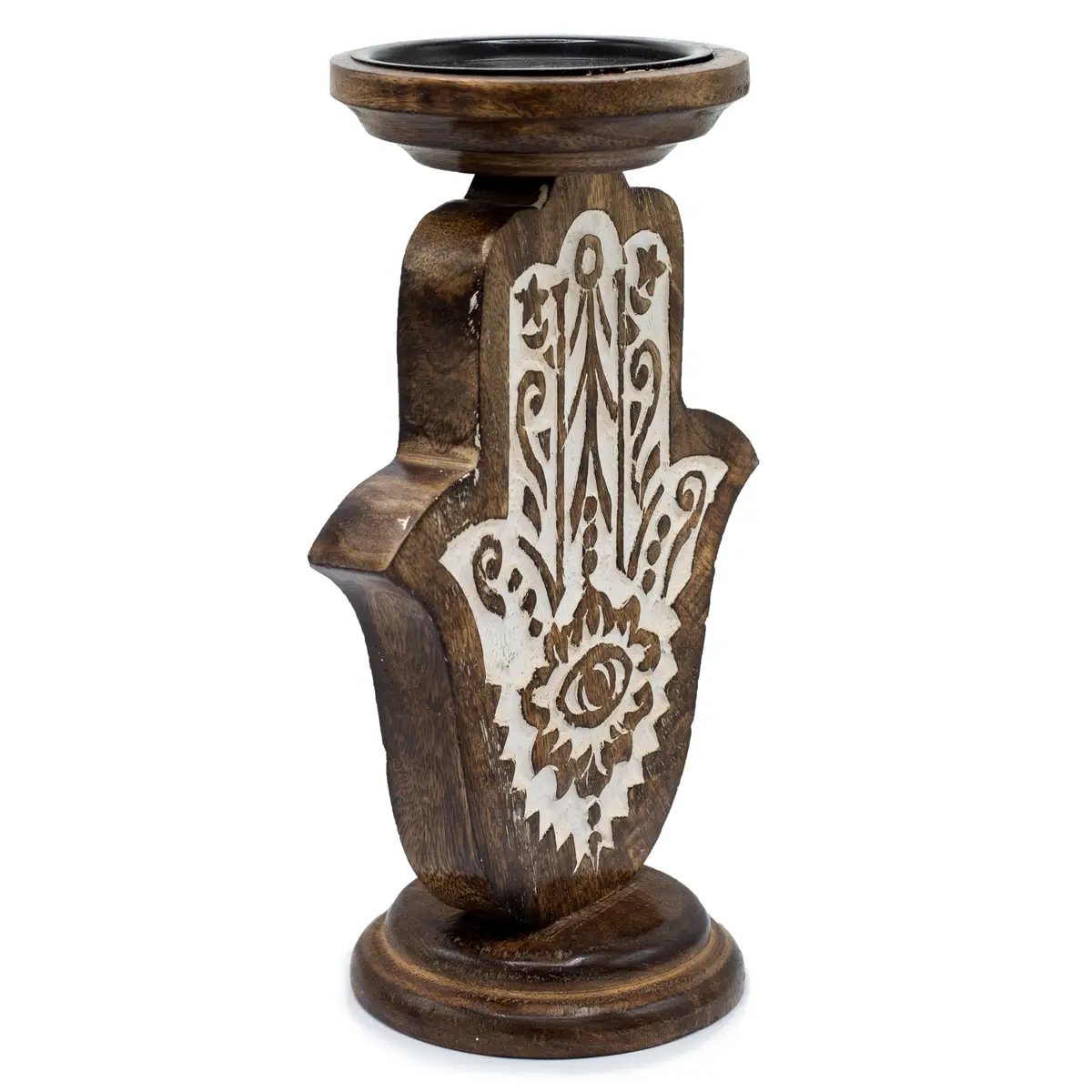 Stor träljusstake i mangoträ med Hamsa-motiv 25x18 cm - produktbild 3