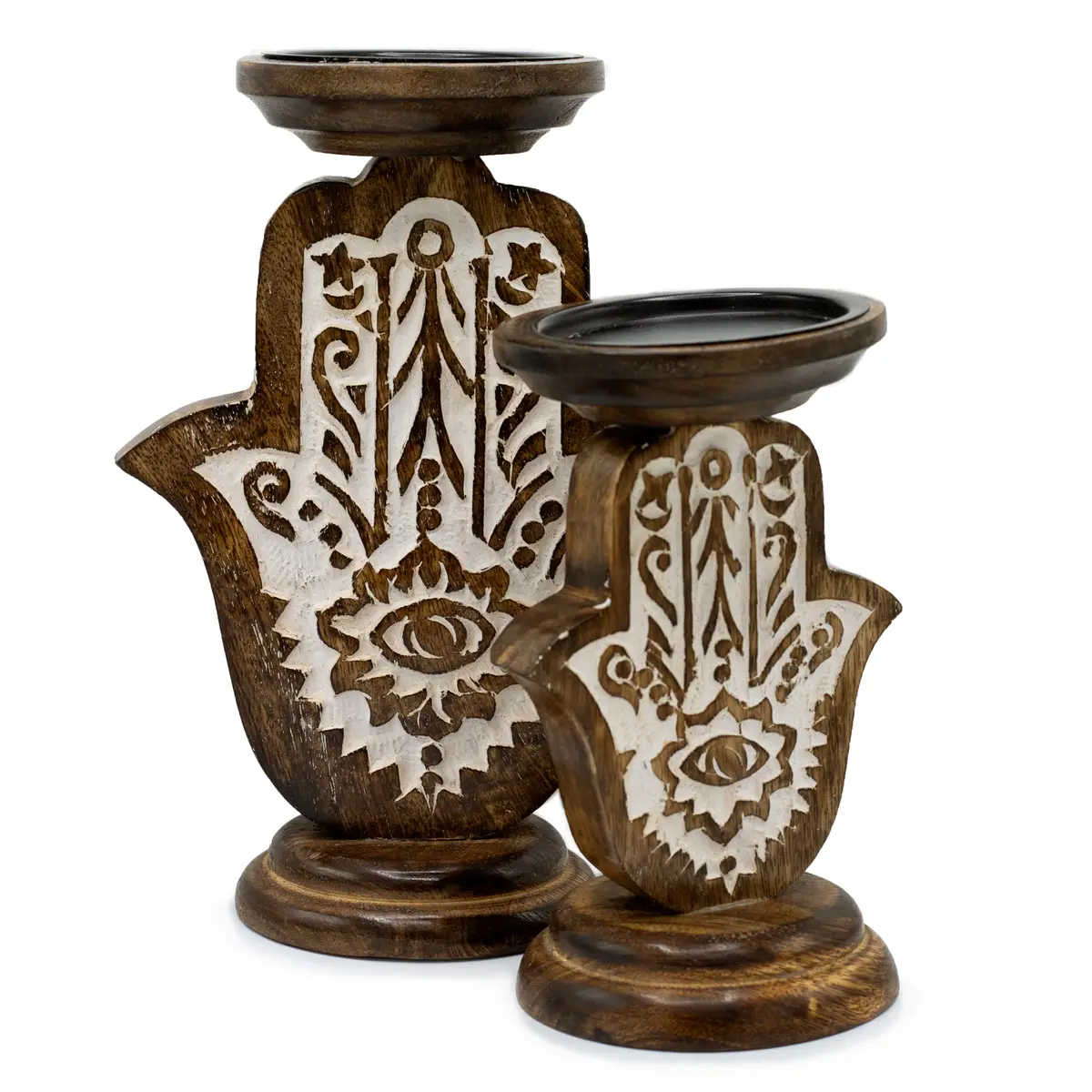 Stor träljusstake i mangoträ med Hamsa-motiv 25x18 cm - produktbild 5