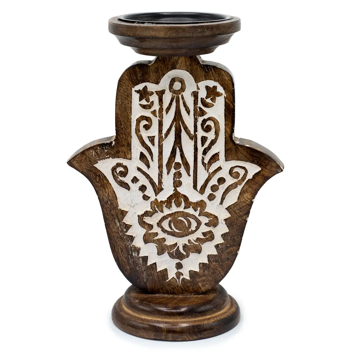 Stor träljusstake i mangoträ med vitt Hamsa-motiv och rund bas