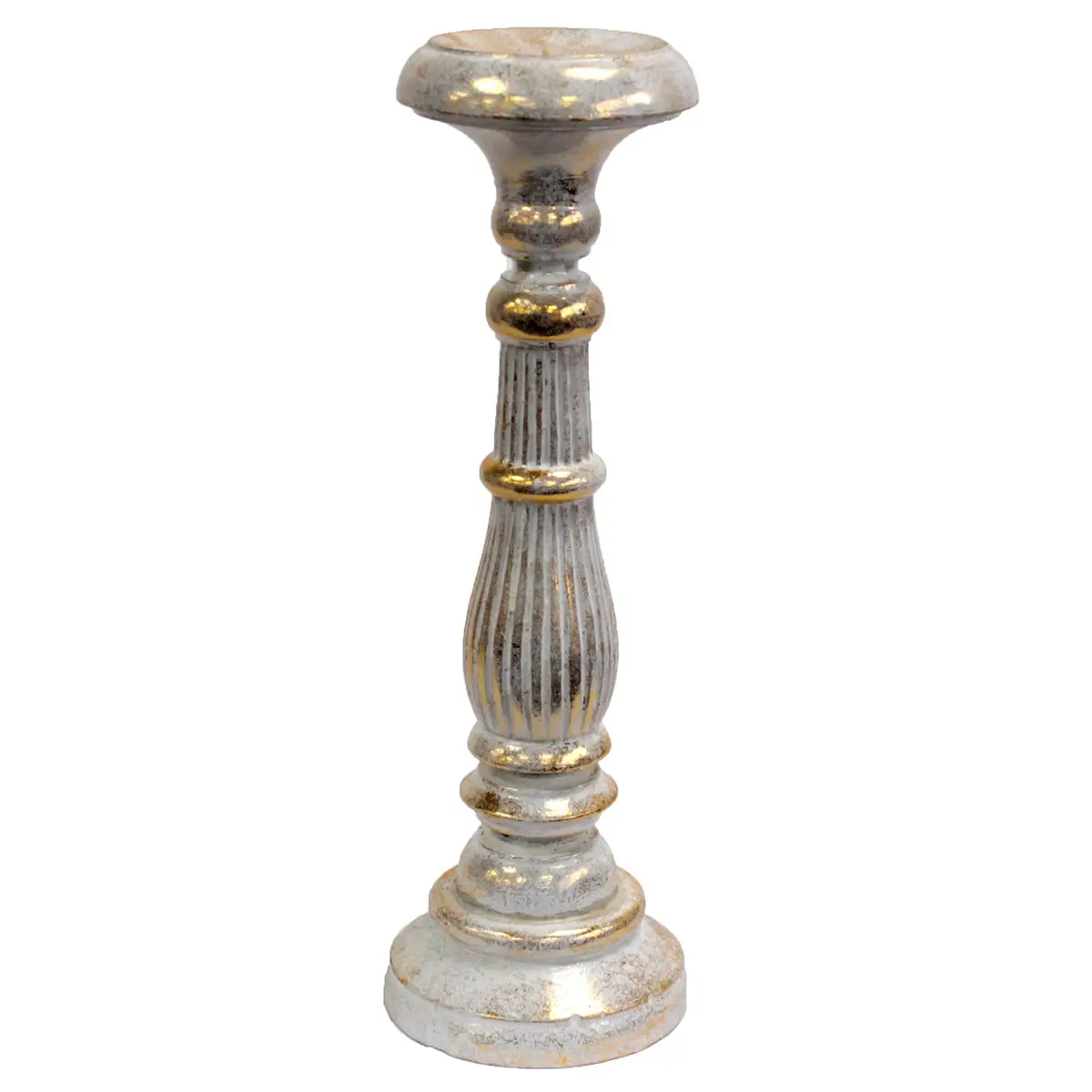 Stor vintage ljusstake i vitt och guld med snidad trädesign