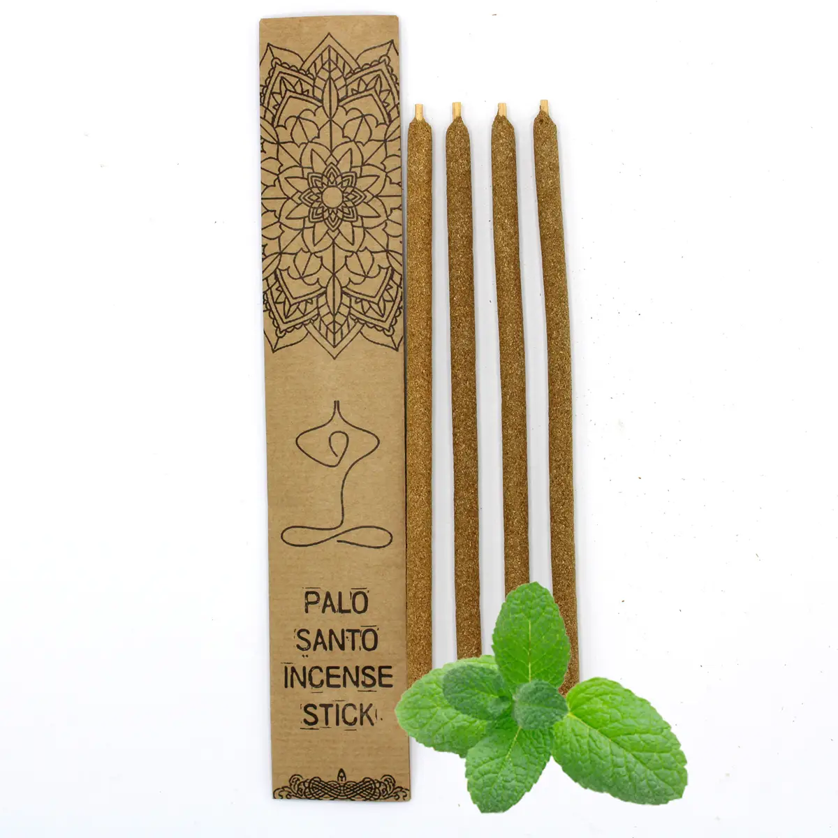 Fyra stora rökelsestickor av Palo Santo med mintdoft och dekorativ förpackning i kraftpapper