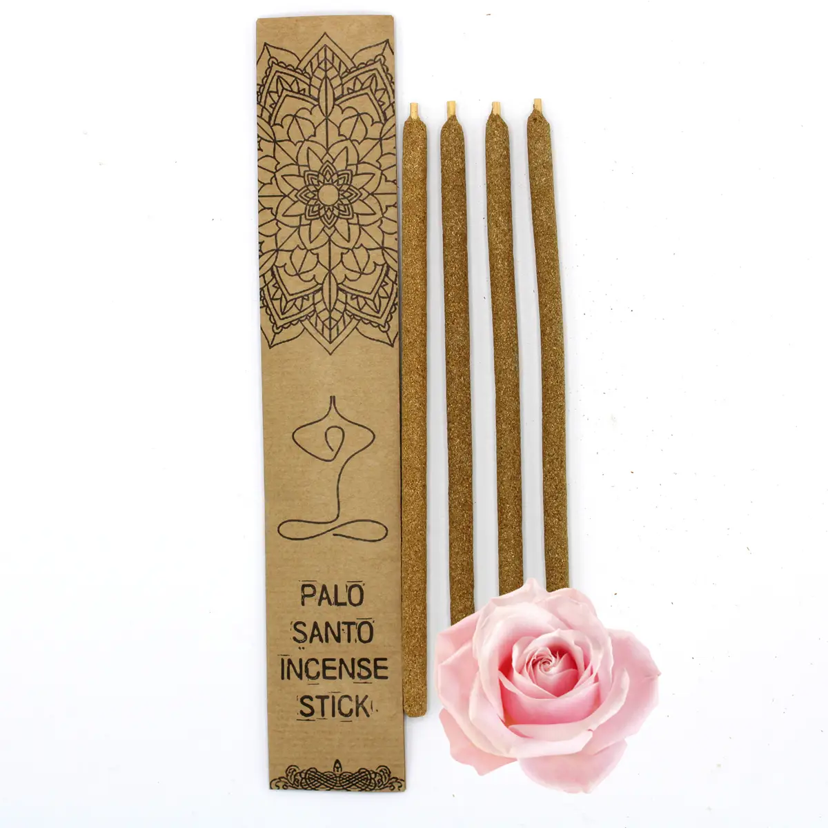 Fyra stora rökelsestickor av Palo Santo med rosdoft och dekorativ förpackning i kraftpapper