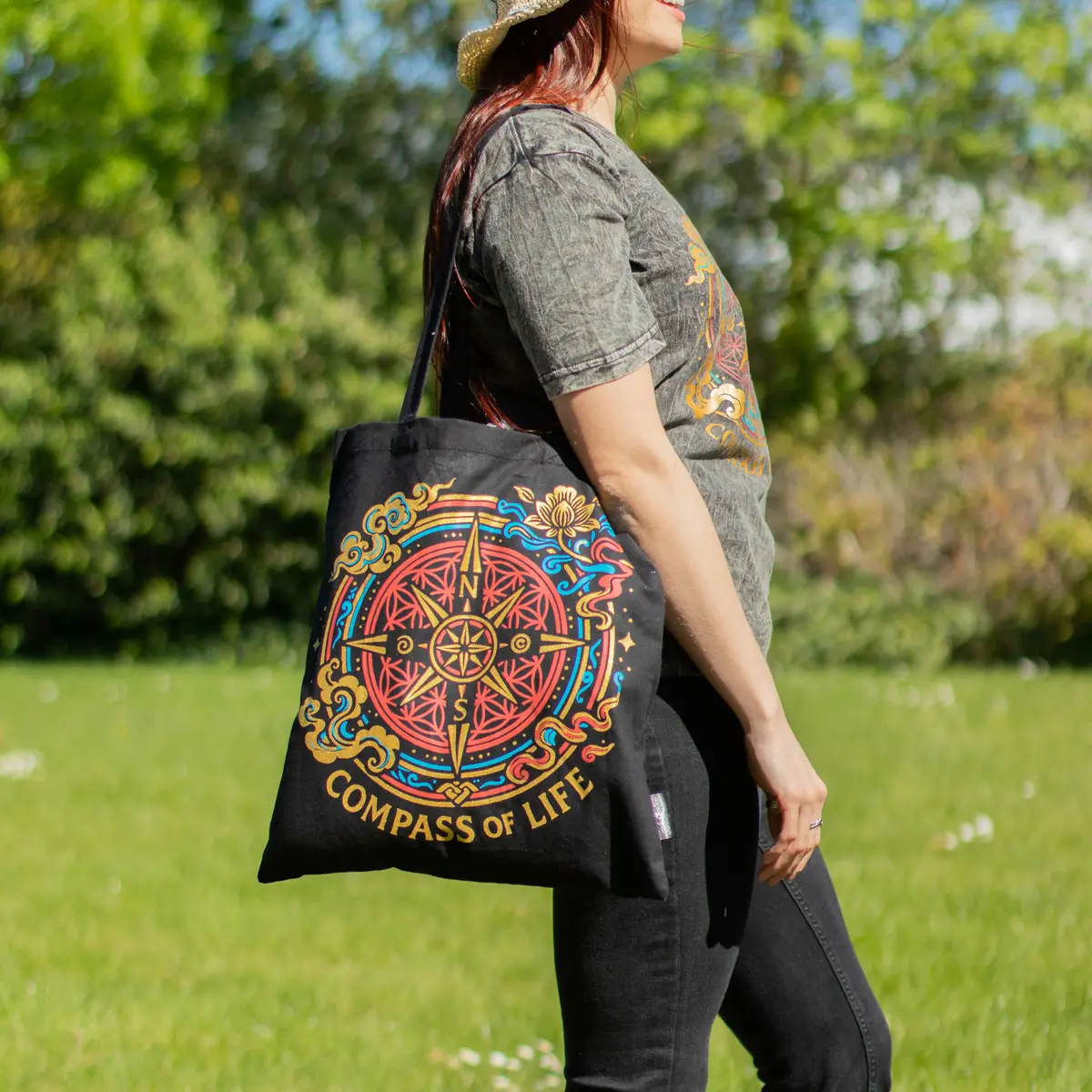 Svart bomullstygkasse med Compass of Life-motiv - produktbild 6