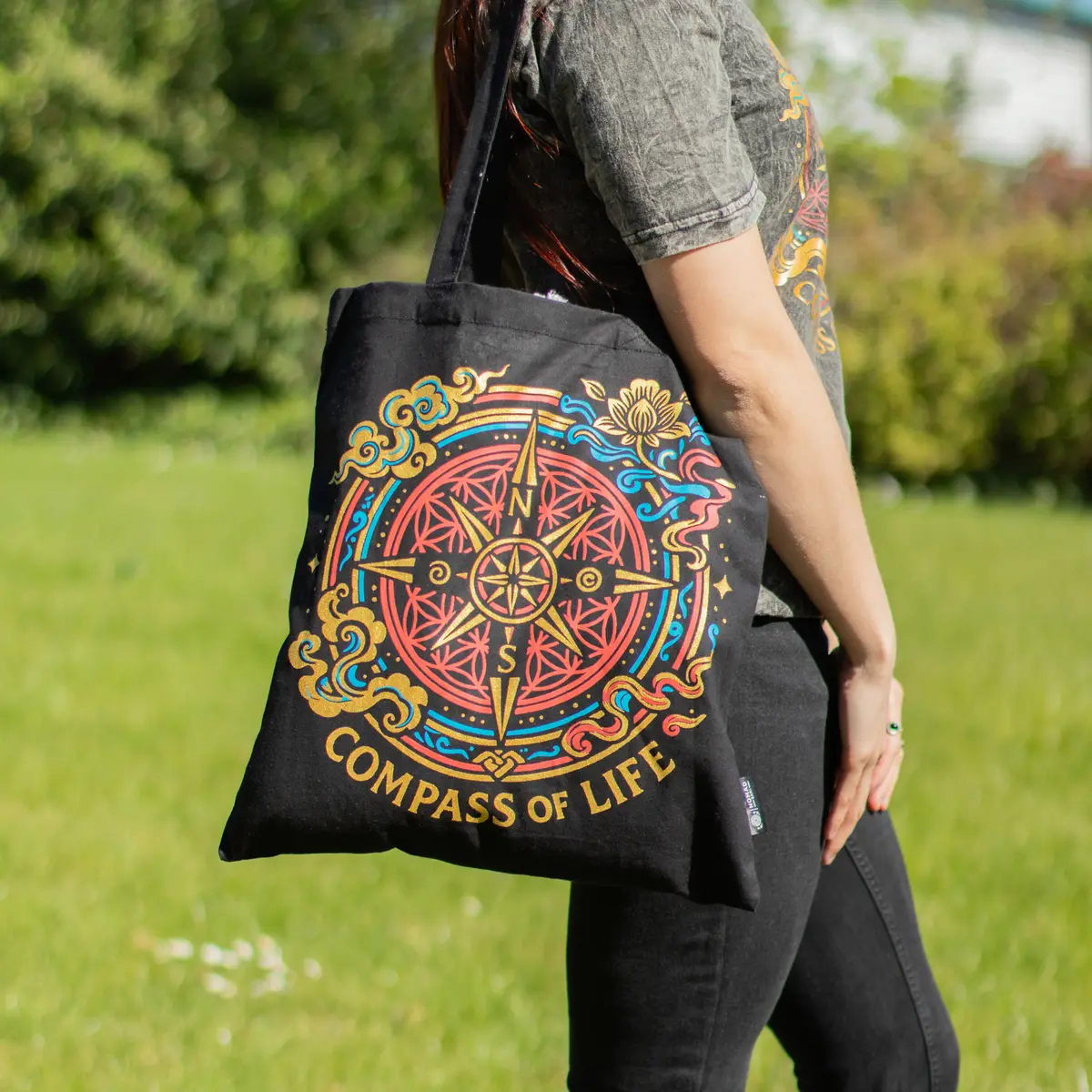 Svart bomullstygkasse med Compass of Life-motiv - produktbild 7