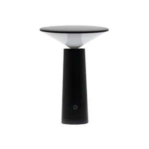 Svart bordslampa med svampformad skärm och touchknapp