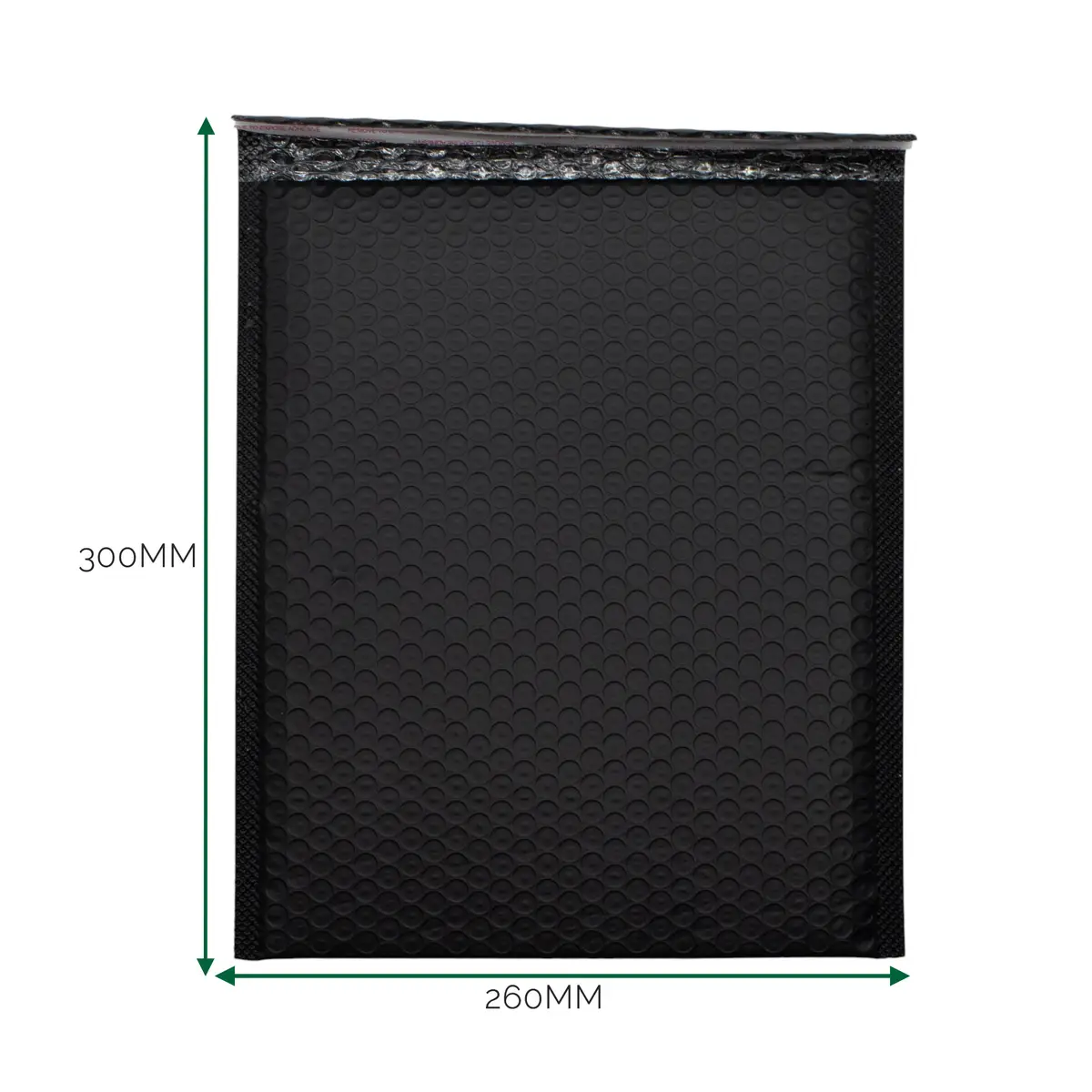 Svart bubbelkuvert i polyeten med måtten 260x300 mm och flik 40 mm